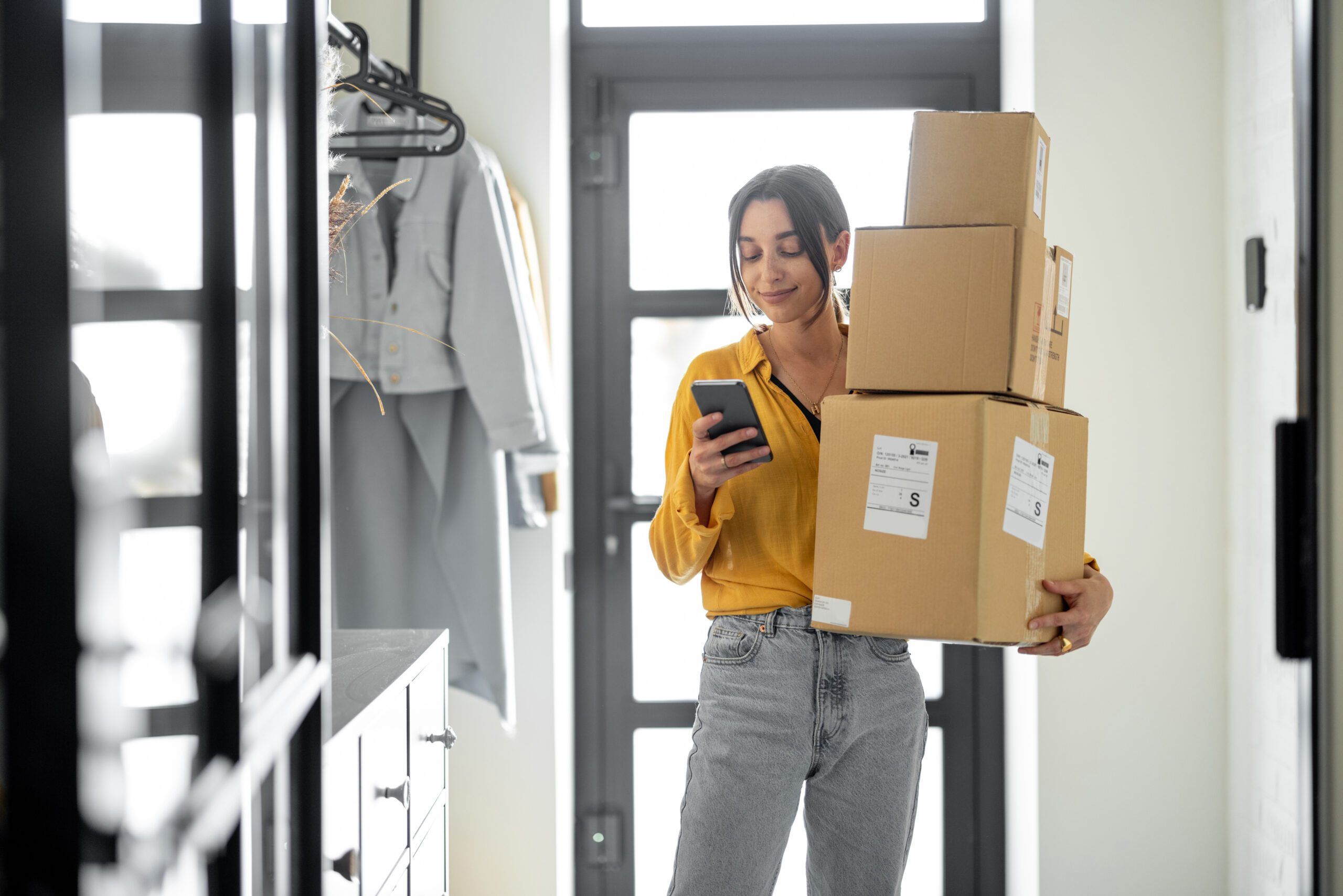 Woman comes home with a parcels